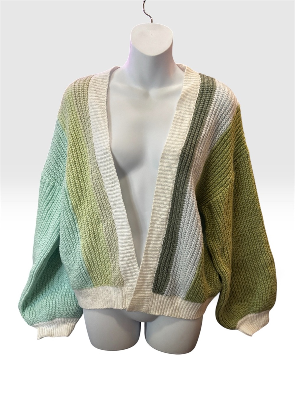 Open‑Front Striped Knit Cardigan Sweater in Green Blue and Creamy